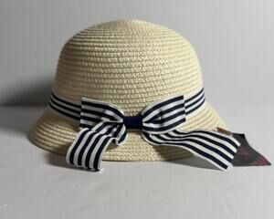 CXY Women’s Straw Sun Hat Cream Navy Striped Bow Cloche Bucket NWT